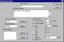 The Mission parameters screen.  Set names, short description, and victory conditions here.